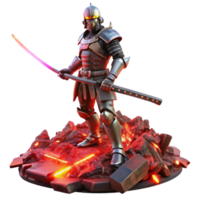 magnificent traditional A cyborg samurai, wielding a glowing katana, stands atop a pile of rusted scrap metal, illuminated by the harsh red light of a dying sun.... png