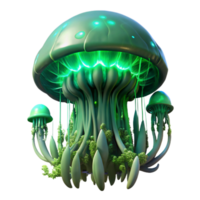 beautiful classic A massive, bio engineered creature, resembling a giant jellyfish, floats through the air above a desolate, alien landscape, illuminated by the eerie green glow of a... png