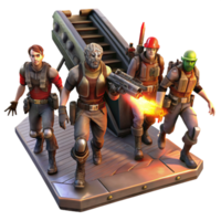 magnificent creative A group of space pirates, wearing tattered clothing and wielding laser pistols, boarding a derelict spaceship, lit by the flickering red emergency lights.... png