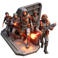 serene modern A group of space pirates, wearing tattered clothing and wielding laser pistols, boarding a derelict spaceship, lit by the flickering red emergency lights.... png