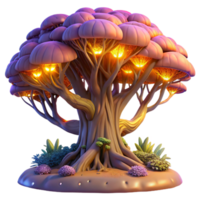 extraordinary artistic A giant, sentient tree, with glowing branches and leaves, dominates a lush, alien landscape, illuminated by the warm, golden light of a twin sunset. Fantasy art style authentic png