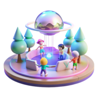 vibrant vintage A group of children, playing with holographic toys in a futuristic park, illuminated by the soft, pastel colors of a simulated sky. Dreamlike and whimsical style authentic png