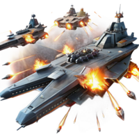 dramatic modern A fleet of futuristic warships, engaging in a fierce battle in the darkness of space, illuminated by laser fire and explosions. Epic and cinematic style high quality png