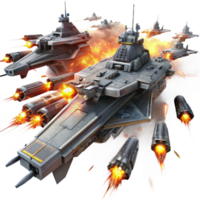 dramatic abstract A fleet of futuristic warships, engaging in a fierce battle in the darkness of space, illuminated by laser fire and explosions. Epic and cinematic style high resolution png