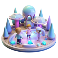 dramatic creative A group of children, playing with holographic toys in a futuristic park, illuminated by the soft, pastel colors of a simulated sky. Dreamlike and whimsical style professional png