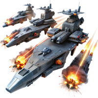 beautiful contemporary A fleet of futuristic warships, engaging in a fierce battle in the darkness of space, illuminated by laser fire and explosions. Epic and cinematic style 4K png
