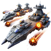 magnificent creative A fleet of futuristic warships, engaging in a fierce battle in the darkness of space, illuminated by laser fire and explosions. Epic and cinematic style premium png