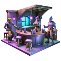 dramatic rustic A group of space pirates in a zero gravity tavern, dimly lit with neon signs, gritty realism style high quality png