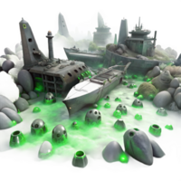 stunning traditional A spaceship graveyard filled with derelict vessels, eerie green fog, matte painting style high resolution png