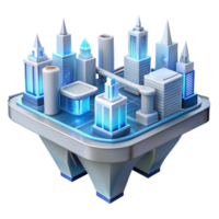 elegant abstract A futuristic floating city, sleek white buildings connected by glowing blue bridges, soft diffuse lighting. Cyberpunk, isometric view high quality png