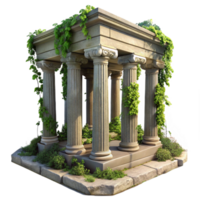 dramatic modern A crumbling ancient temple, overgrown with vines and moss, dappled sunlight filtering through the ruined columns. Romantic, painterly 4K png