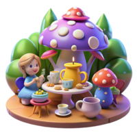 serene artistic A whimsical tea party hosted by a mischievous pixie in a giant toadstool, vibrant colors, whimsical lighting, cartoon style, genuine png