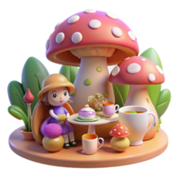extraordinary minimalist A whimsical tea party hosted by a mischievous pixie in a giant toadstool, vibrant colors, whimsical lighting, cartoon style, genuine png