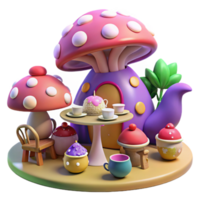 vibrant rustic A whimsical tea party hosted by a mischievous pixie in a giant toadstool, vibrant colors, whimsical lighting, cartoon style, exclusive png