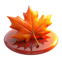 wonderful artistic A single, perfect red maple leaf, backlit by golden hour sunlight, floating on a still pond reflecting a twilight sky, hyperrealistic style premium png