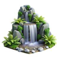 extraordinary rustic A cascading waterfall flowing over moss covered rocks, surrounded by lush ferns, photorealistic style premium png
