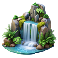 vibrant abstract A cascading waterfall flowing over moss covered rocks, surrounded by lush ferns, photorealistic style high quality png