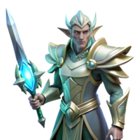 magnificent contemporary A lone elf warrior in ornate silver armor, wielding a glowing crystal sword, backlighting from a hidden sun, Art Deco style premium png