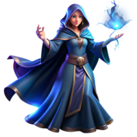 elegant minimalist A powerful sorceress with flowing robes of midnight blue, casting a spell of shimmering light, dramatic Rembrandt lighting, fantasy art style authentic png