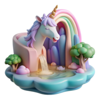 stunning vintage A serene unicorn drinking from a waterfall cascading down a floating island, soft pastel colors, dreamlike lighting, Art Nouveau style high resolution png