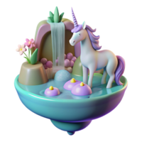 vibrant contemporary A serene unicorn drinking from a waterfall cascading down a floating island, soft pastel colors, dreamlike lighting, Art Nouveau style high resolution png