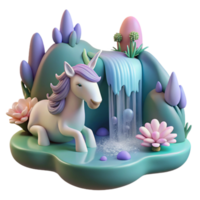 beautiful rustic A serene unicorn drinking from a waterfall cascading down a floating island, soft pastel colors, dreamlike lighting, Art Nouveau style detailed png
