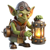 stunning artistic A cunning goblin tinkerer working on a bizarre contraption, dim, flickering candlelight, steampunk style professional png