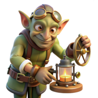 impressive artistic A cunning goblin tinkerer working on a bizarre contraption, dim, flickering candlelight, steampunk style professional png