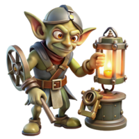 serene vintage A cunning goblin tinkerer working on a bizarre contraption, dim, flickering candlelight, steampunk style 4K png