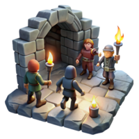 serene contemporary A group of adventurers exploring a dark dungeon, torchlight illuminating the stone walls, gritty realism style high quality png