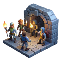 magnificent modern A group of adventurers exploring a dark dungeon, torchlight illuminating the stone walls, gritty realism style professional png