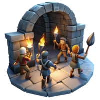 impressive vintage A group of adventurers exploring a dark dungeon, torchlight illuminating the stone walls, gritty realism style high resolution png