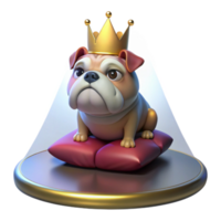 stunning vintage A grumpy looking bulldog wearing a tiny crown, sitting on a velvet cushion, lit by a single spotlight from above, in a Renaissance painting style authentic png