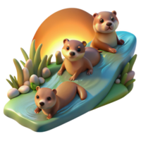 dramatic rustic A family of playful otters sliding down a mossy riverbank, bathed in the warm light of a setting sun, in a vibrant, impressionistic style professional png