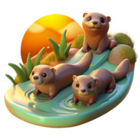 extraordinary rustic A family of playful otters sliding down a mossy riverbank, bathed in the warm light of a setting sun, in a vibrant, impressionistic style premium png