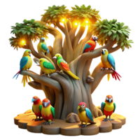 extraordinary artistic A flock of colourful macaws perched on a giant, ancient tree, illuminated by the golden light of dawn, in a vibrant, photorealistic style high resolution png