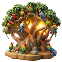 elegant abstract A flock of colourful macaws perched on a giant, ancient tree, illuminated by the golden light of dawn, in a vibrant, photorealistic style premium png