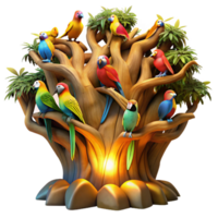 serene artistic A flock of colourful macaws perched on a giant, ancient tree, illuminated by the golden light of dawn, in a vibrant, photorealistic style high resolution png