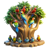 wonderful rustic A flock of colourful macaws perched on a giant, ancient tree, illuminated by the golden light of dawn, in a vibrant, photorealistic style 4K png