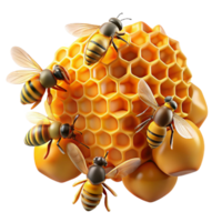 wonderful creative A swarm of honeybees buzzing around a honeycomb, lit by a warm, golden light, in a detailed, macro photography style high resolution png