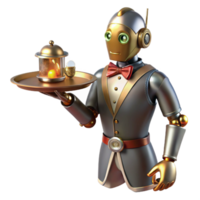 elegant creative A steampunk robot butler, serving tea from a silver tray, polished brass and copper body, intricate clockwork gears visible, warm, inviting lighting premium png