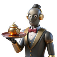 beautiful creative A steampunk robot butler, serving tea from a silver tray, polished brass and copper body, intricate clockwork gears visible, warm, inviting lighting high resolution png
