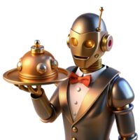 beautiful creative A steampunk robot butler, serving tea from a silver tray, polished brass and copper body, intricate clockwork gears visible, warm, inviting lighting exclusive png