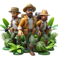 wonderful contemporary A group of steampunk explorers, trekking through a dense jungle, wearing pith helmets and carrying strange gadgets, dappled sunlight, adventure style 4K png