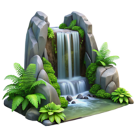 extraordinary classic A cascading waterfall tumbling over moss covered rocks, surrounded by lush ferns, in a photorealistic style original png