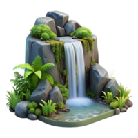 stunning artistic A cascading waterfall tumbling over moss covered rocks, surrounded by lush ferns, in a photorealistic style high quality png