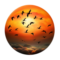 dramatic minimalist A flock of migrating birds silhouetted against a fiery sunset sky, in a dynamic, action packed style exclusive png