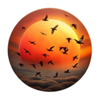 impressive creative A flock of migrating birds silhouetted against a fiery sunset sky, in a dynamic, action packed style professional png