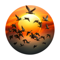 dramatic classic A flock of migrating birds silhouetted against a fiery sunset sky, in a dynamic, action packed style professional png