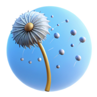 dramatic traditional A single dandelion seedhead with seeds blowing in the wind, against a bright blue sky, in a delicate, whimsical style high resolution png